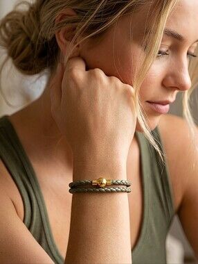 Linx Double Army Green Leather Braided Cord Bracelet with a Gold Magnetic Clasp